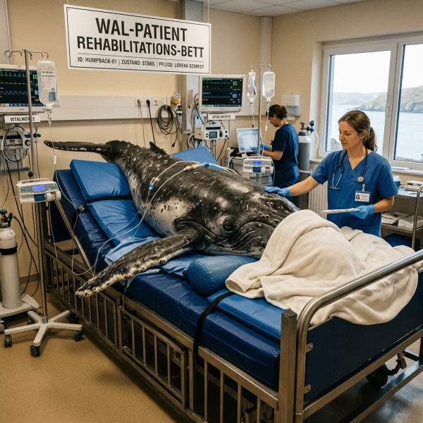 Humpback whale on hospital bed receiving medical care from vets